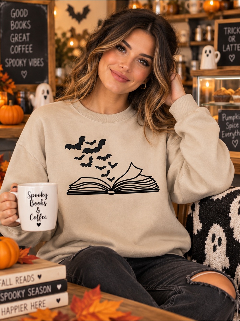 Cozy Cream Book & Bats Graphic Sweatshirt - Women